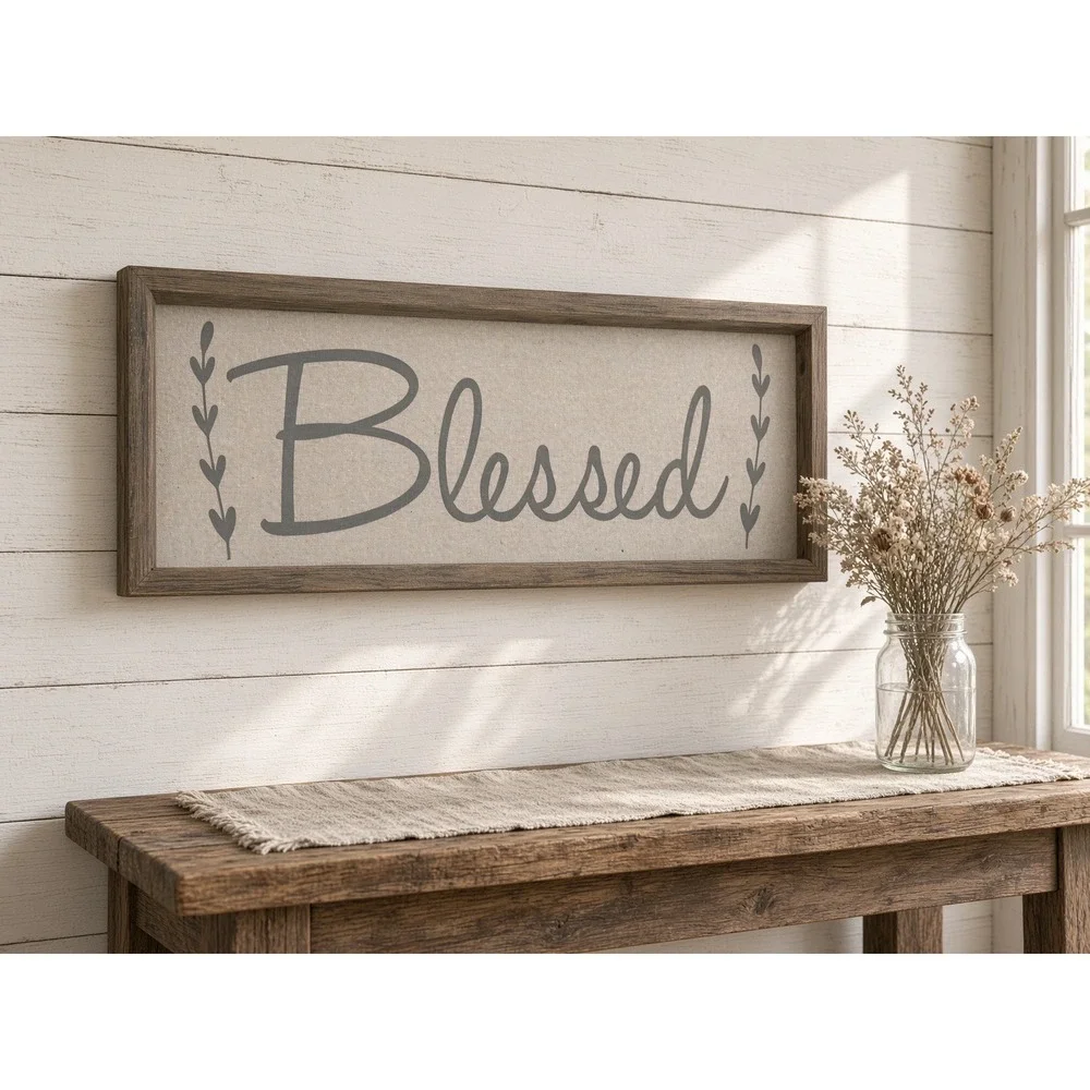 Rustic Wood Framed Blessed Wall Art Farmhouse Home Decor Sign Neutral